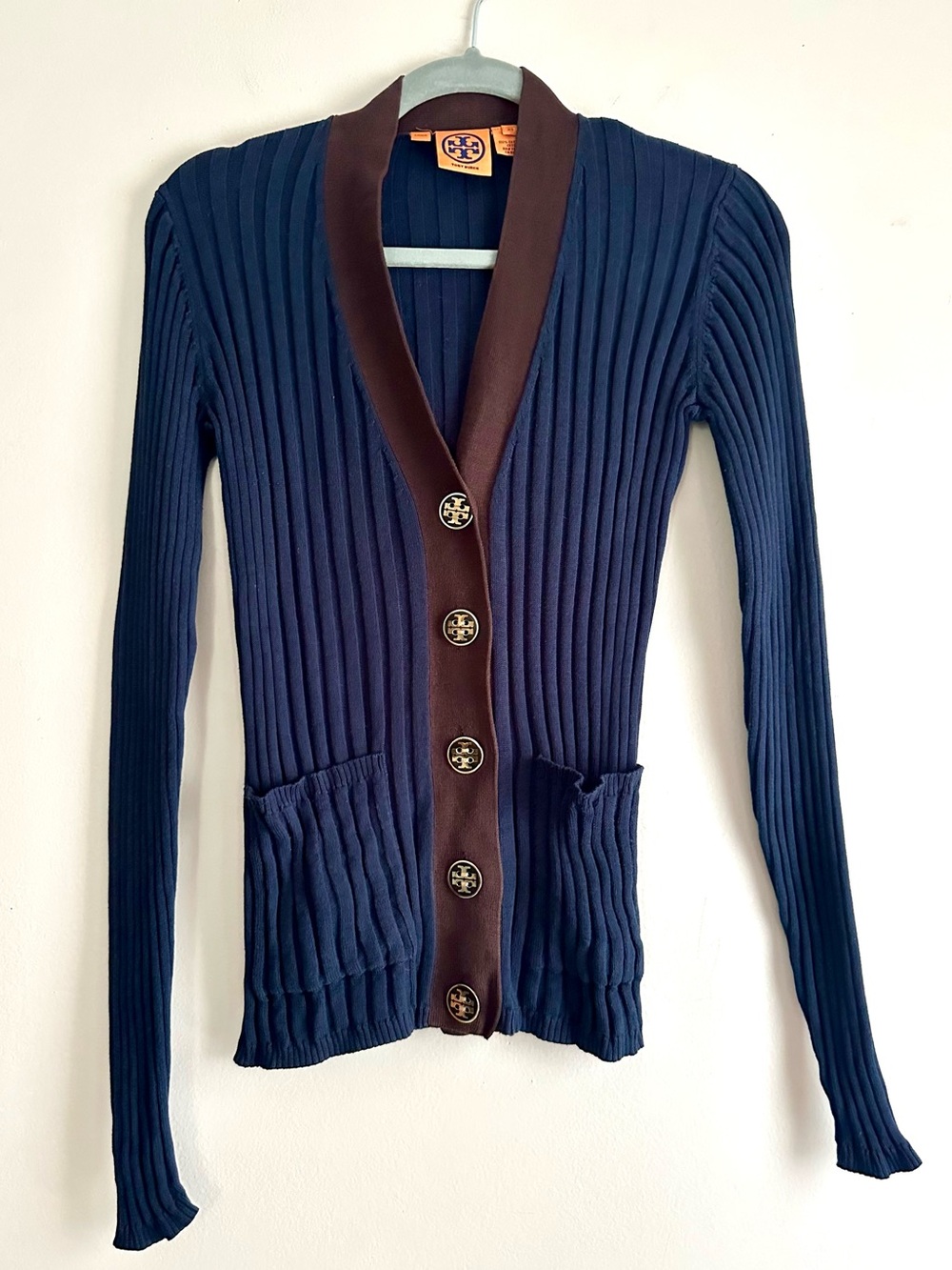 Tory Burch • Simone Ribbed Navy/Brown Cotton Cardigan